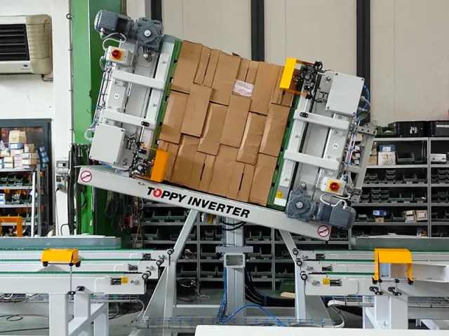 Fully automatic pallet turner In-line solution. When the product needs to be turned 180 degrees