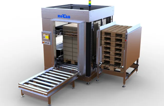 EasyLink Cube Palletiser. Fully automatic pallet loader with pallet magazine and pallet conveyors